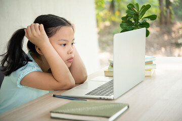 Asian girl student online learning class study online video call zoom teacher. Dozy sleepy girl...