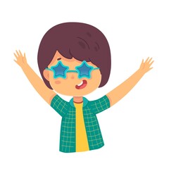 Happy kid in star sunglasses portrait. Cute child having fun and smiling on birthday party. Entertainment and amusement leisure vector illustration. Summer holidays time