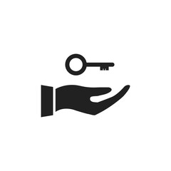 Hand holding key icon. Arm and home key vector illustration. Black outline symbol.