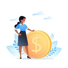 A young woman stands near a dollar coin. Earning, saving and investing money. Vector illustration for website, banner