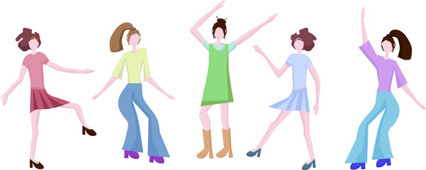 Fototapeta na wymiar modern young girls are dancing. Dance moves, fun and entertainment. Women's friendship and common leisure. Together will celebrate the International Women's Day. Flat design