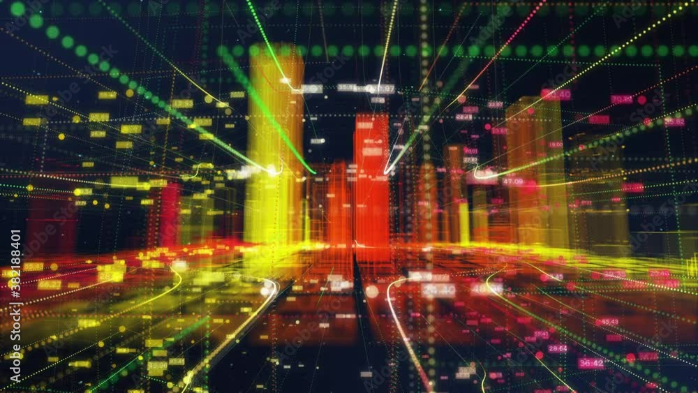 Poster colorful line particle city data digital futuristic network connection. 3d rendering technology conc
