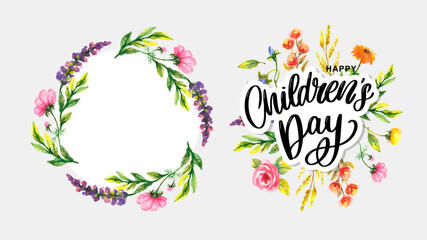 happy children's day, cute vector greeting card with funny letters in scandinavian style and cartoon landscape