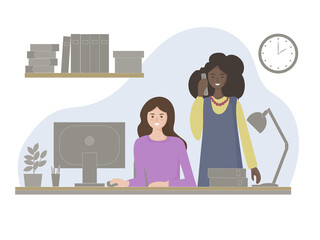  A working team of two successful women for doing business. One lady works behind a computer, the other talks on the phone. Comfortable workplace. Vector flat design. 
