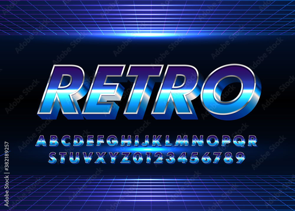 Poster retro futuristic 80s font style. vector alphabet with chrome effect template for game title, poster 