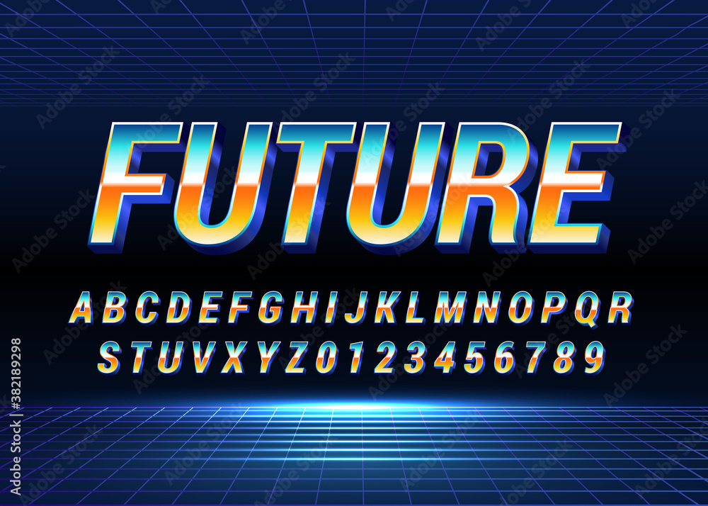 Fototapete retro futuristic 80s font style. vector alphabet with chrome effect template for game title, poster 