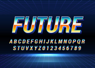 Retro Futuristic 80s font style. Vector alphabet with chrome effect template for game title, poster headline, old style