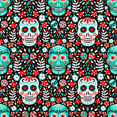 Latin american traditional Day of the Dead background of ethnic mariachi musical instruments, sugar skulls and flowers for fabric prints, wallpaper. EPS 10 vector seamless pattern.