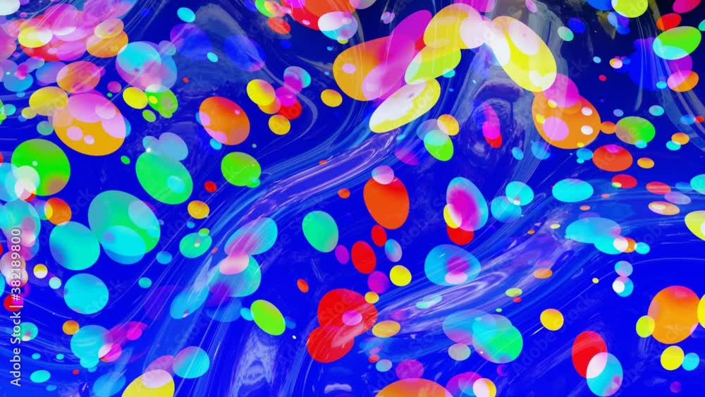 Poster abstract looped background of shiny glossy surface like wavy blue liquid with rainbow color circles 