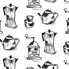 Coffee doodle pattern. Seamless picture on a white background. Vector illustration.