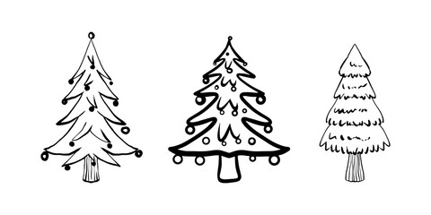 Set of ink drawn fir trees. Illustration for vector Christmas card, holiday print for gift for new year and christmas. Minimalistic postcard with a nogodday tree isolated on a fucking background