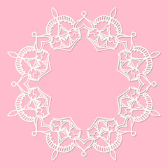 Abstract round frame with swirls, vector ornament, vintage frame. White frame with lace for paper or wood cutting. Doily ornament. Round decor pattern.