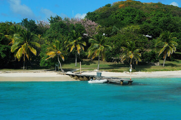 malownicza karaibska wysepka Petit Saint Vincent w lutym. Widok od strony morza. Biały piasek, błękitna woda dużo zieleni - obrazy, fototapety, plakaty