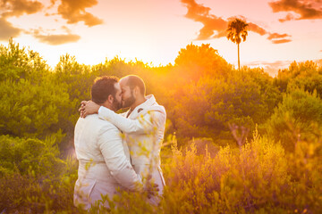gay couple kissing at sunset
