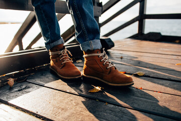 Girl have a good time on sea beach at autumn 