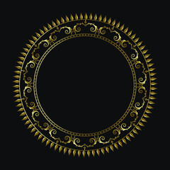 Luxury frame of gold color on a black background. Ornamental frame for cafe, restaurant, shop, print, stamp, elegant card. wedding invitations; Isolated element. Vector