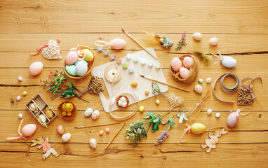 Easter decoration. Easter eggs. Wooden table. 