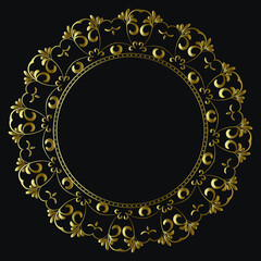 Luxury frame of gold color on a black background. Ornamental frame for cafe, restaurant, shop, print, stamp, elegant card. wedding invitations; Isolated element. Vector