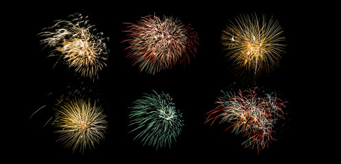 Collection festive fireworks isolated on a black background.