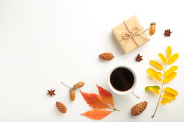 Autumn composition of coloured leaves and gifts on white background. Thanksgiving day