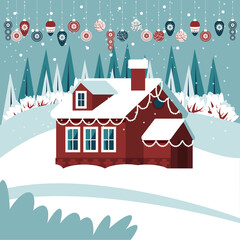 Winter landscape with cute houses and hanging lights. Christmas greeting card template. Vector illustration in flat style.