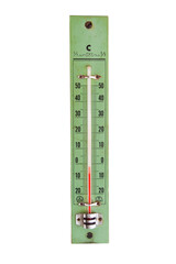 Vintage (classic) Thermometers made of wood in green color with red mercury show the temperature below zero in winter.