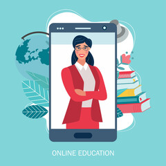 online education or distance exam concept, screen with teacher, studying on laptop. Vector illustration in flat style


