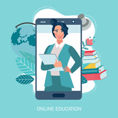 online education or distance exam concept, screen with teacher, studying on laptop. Vector illustration in flat style

