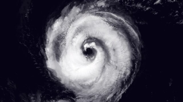 Rotating Hurricane eye satellite aerial view, scary powerful storm animation. Images furnished by Nasa