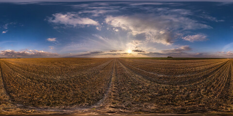 full seamless spherical hdri panorama 360 degrees angle view on among farm fields in autumn evening...