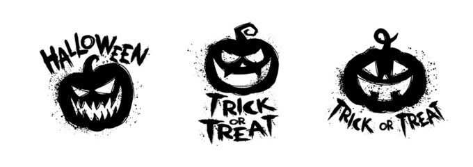 Obraz premium Scary faces of Halloween pumpkin. Brush stroke smile. Vector collection.