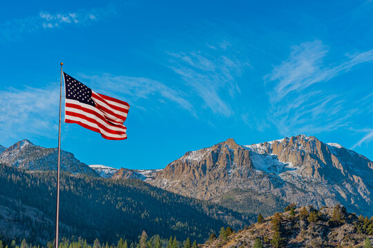 Gull Lake in California flies an American flag above the lake.