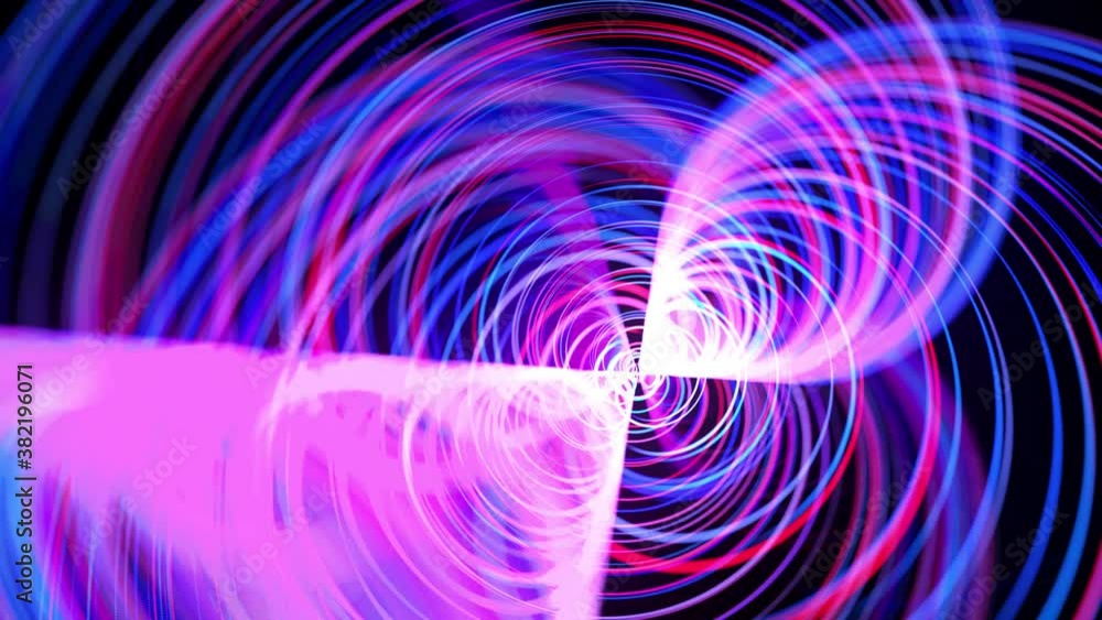 Poster motion graphics, sci-fi bg. stream of red blue neon lines form spiral shape, curls and pattern. abst