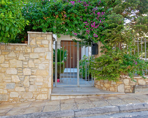 Fototapeta na wymiar family house front entrance natural wood door and garden