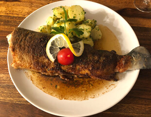 Classic dish. In pan seared fish trout miller, also known as trout Müllerin style with parsley potatoes and gravy. The trout is sprinkled with parsley and poured with butter.