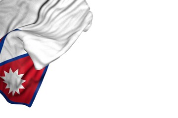 pretty Nepal flag with large folds lying flat in top left corner isolated on white - any occasion flag 3d illustration..