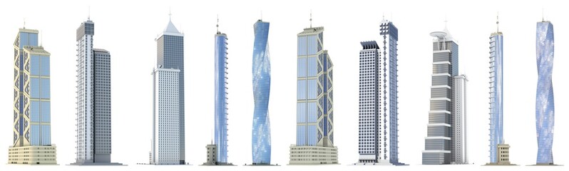 Set of highly detailed modern skyscrapers with fictional design and blue sky reflection - isolated, different sides view 3d illustration of skyscrapers