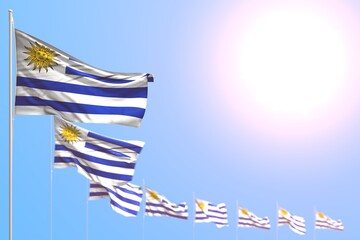 cute any feast flag 3d illustration. - many Uruguay flags placed diagonal with bokeh and free space for your content