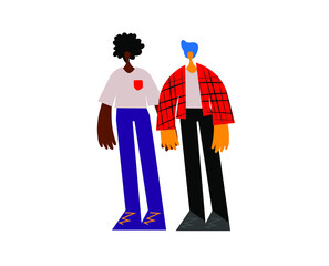 Homosexual LGBT gays. Two young multicultural boys holding hands together in love. Homosexual relationship vector illustration isolated on white.