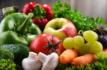 Composition with fresh organic vegetables and fruits