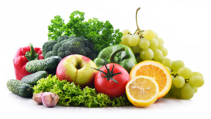 Composition with fresh vegetables and fruits isolated on white