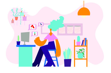 Cartoon vector girl using computer for work or online learning. Young woman with pc sitting in armchair at home. Vector illustration for communication, social media network, digital marketing concept
