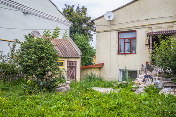 Obraz premium Overgrown yard near the old house. Old well-kept one-storey house and a yard overgrown with grass and flowers