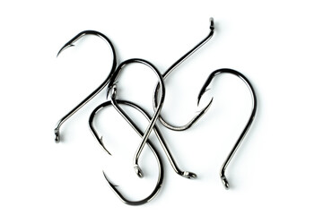 Metal fishing hooks on a white background. Isolated item to insert.