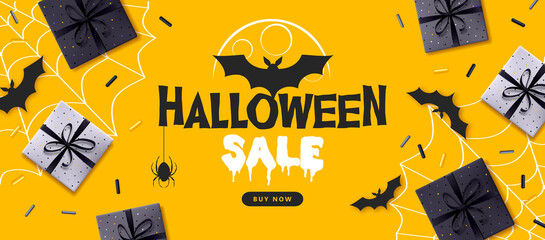 Halloween sale poster with gift boxes and bat silhouette. Halloween background