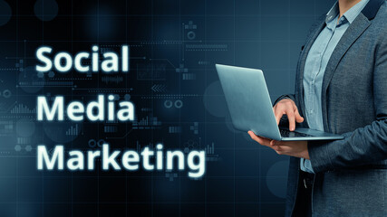 Social media marketing concept with a man and a laptop as a profession