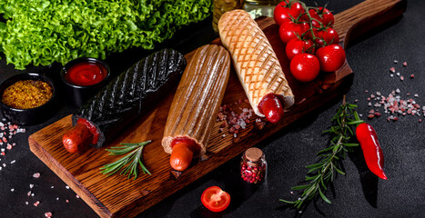 Delicious fresh hot hotdogs with various kinds of buns and sausages.