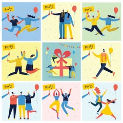 Vector cartoon illustration of Happy group of people celebrating, jumping on the party.