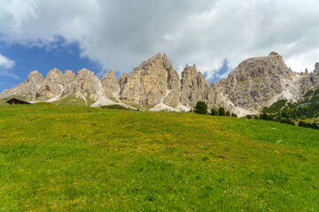 Mountain landscape along the road to Gardena pass, Dolomites