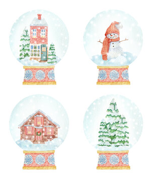 Set of hand-drawn watercolor compositions on a Christmas theme. Illustrations with a snow globe, cozy houses, holiday decorations, snowflakes, a snowman, Christmas trees for cards, stickers, design.